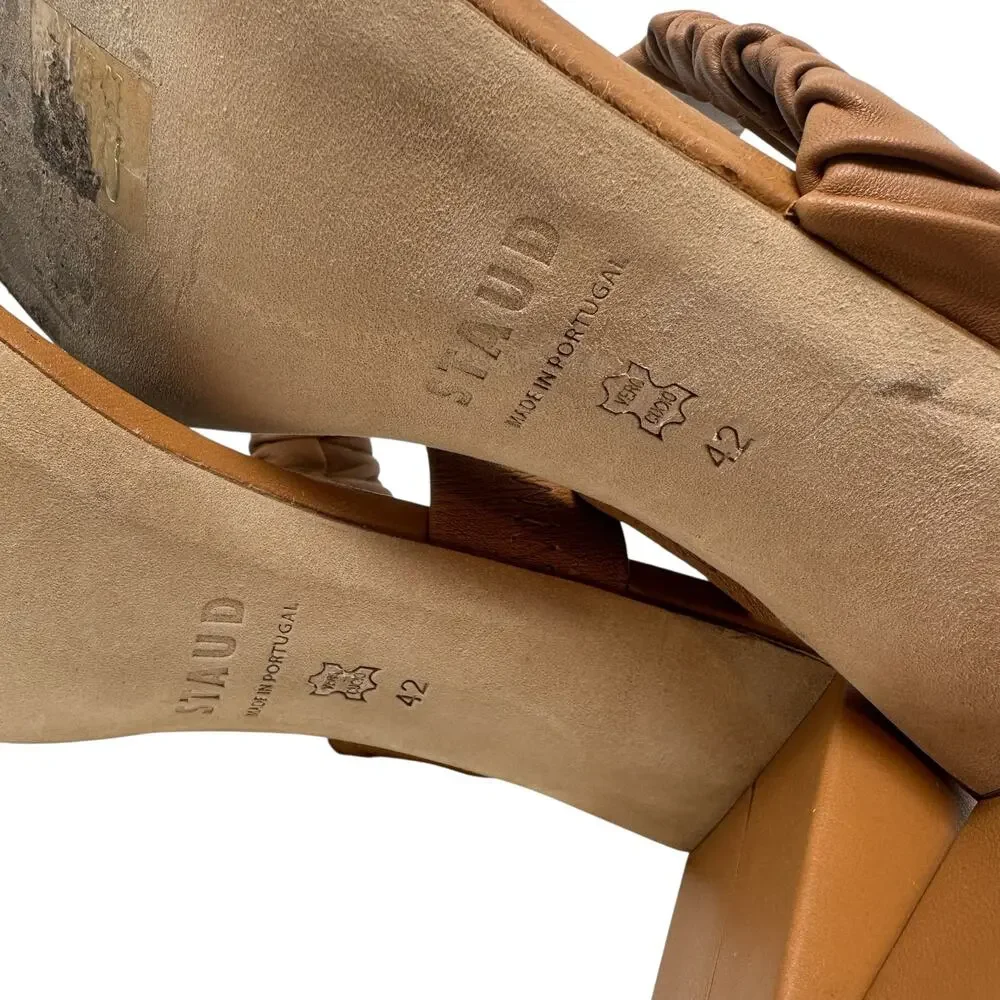 Staud‎ Frankie Ruched Leather Sandals Heels Brown Tan Size 42 US 12